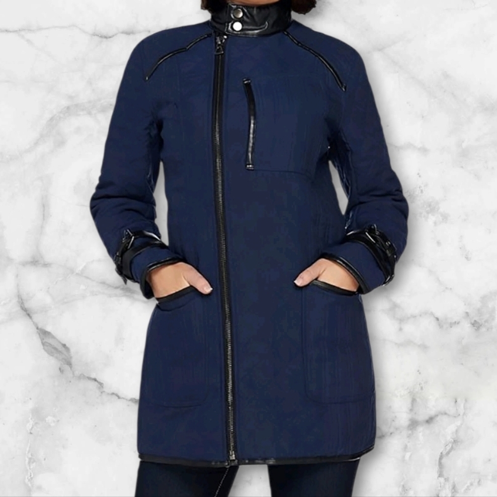 Women's Navy Zip-Up Puffer Utility Jacket (Size:12)